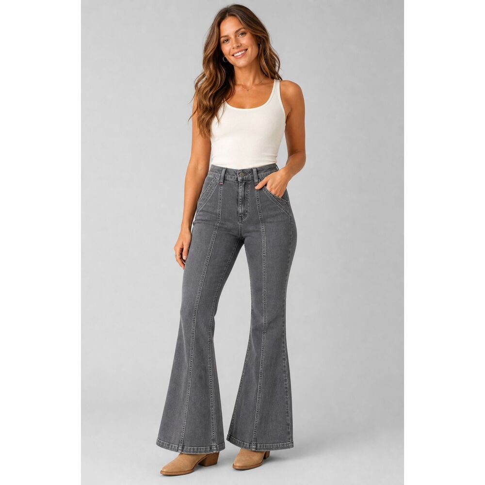 Idyllwind Miranda Lambert Gray Wide Flare Bootcut Jeans High Rise Sz 6 Pintuck